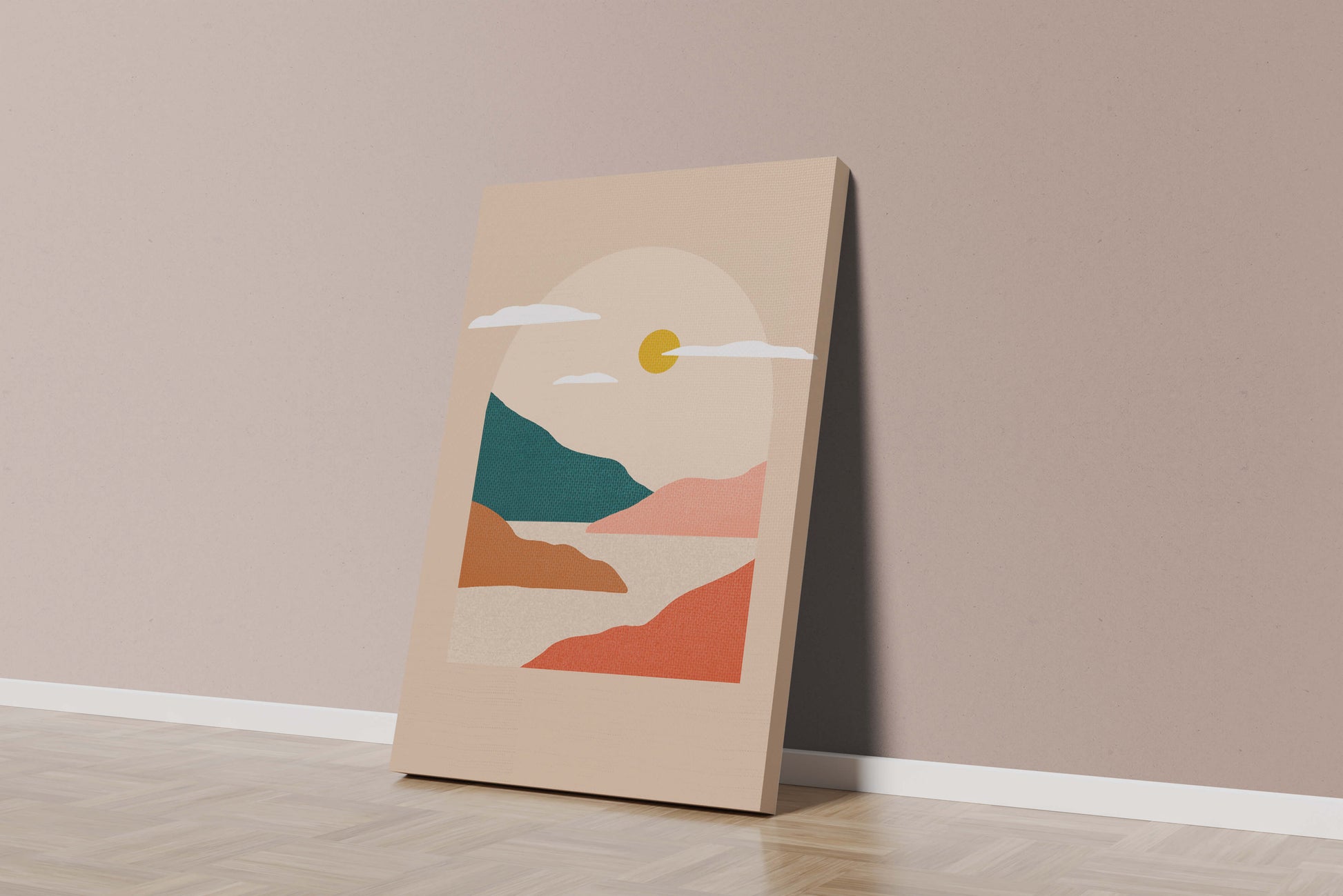 Paysage minimaliste avec montagnes et soleil