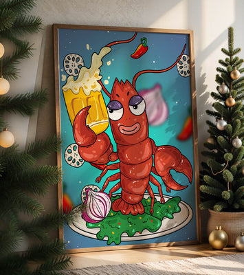 Playful cartoon lobster holding a beer in a whimsical setting