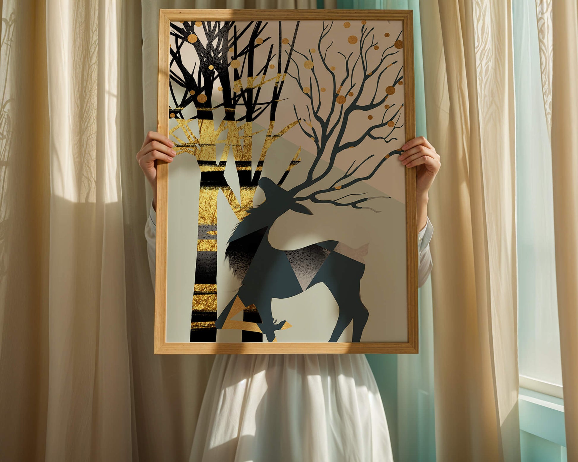 Abstract Deer Silhouette with Golden Accents and Trees
