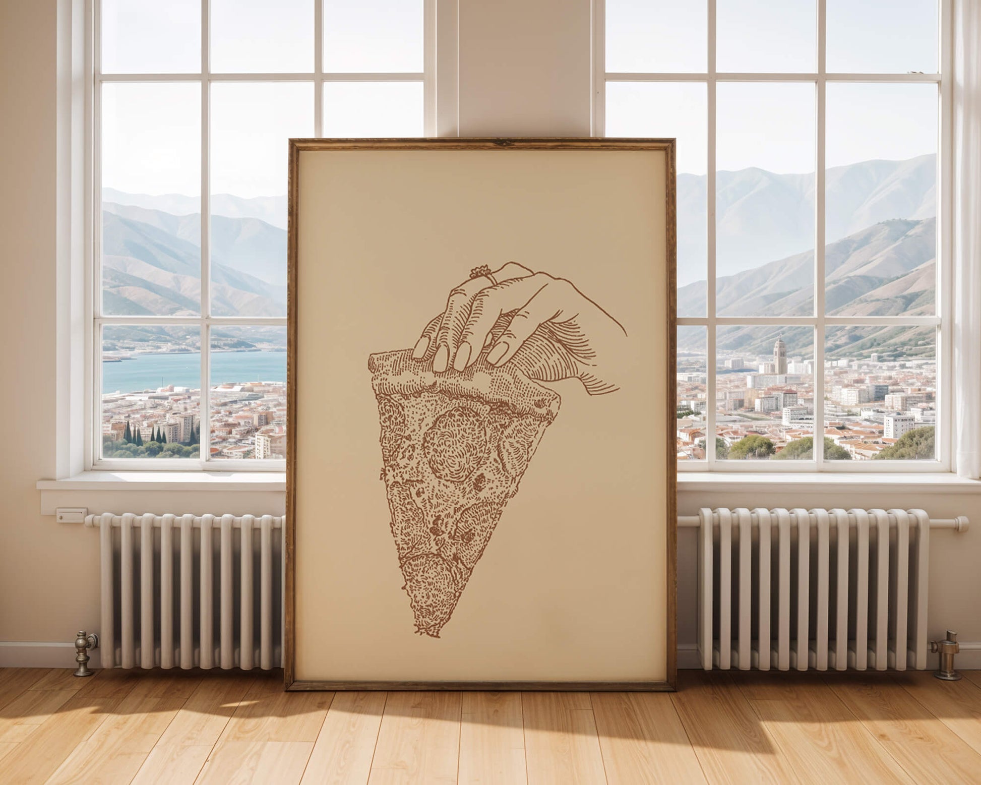 Hand holding a detailed vintage pizza slice illustration