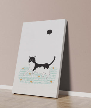 Whimsical cat illustration in field of flowers