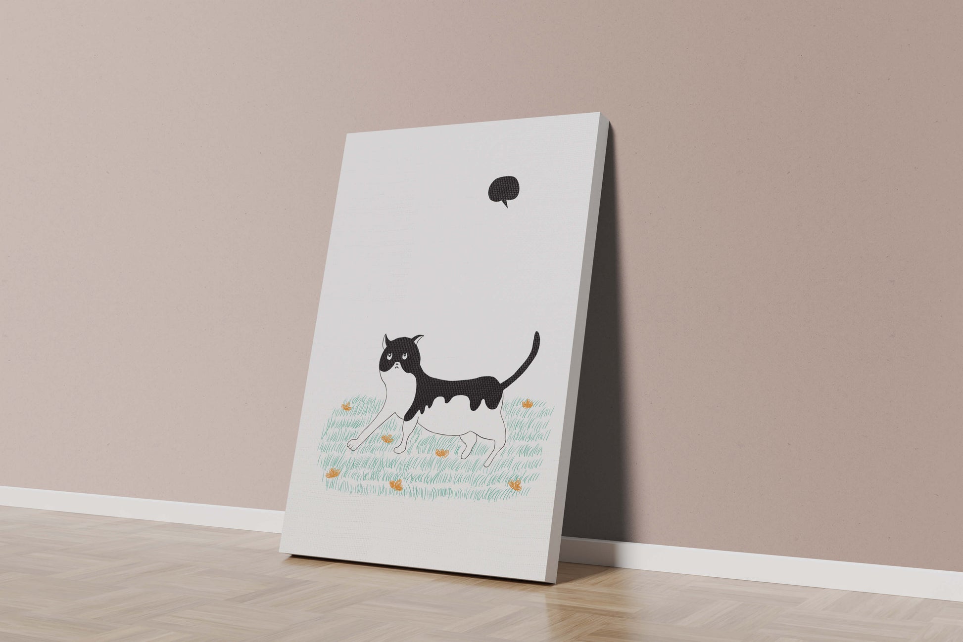 Whimsical cat illustration in field of flowers