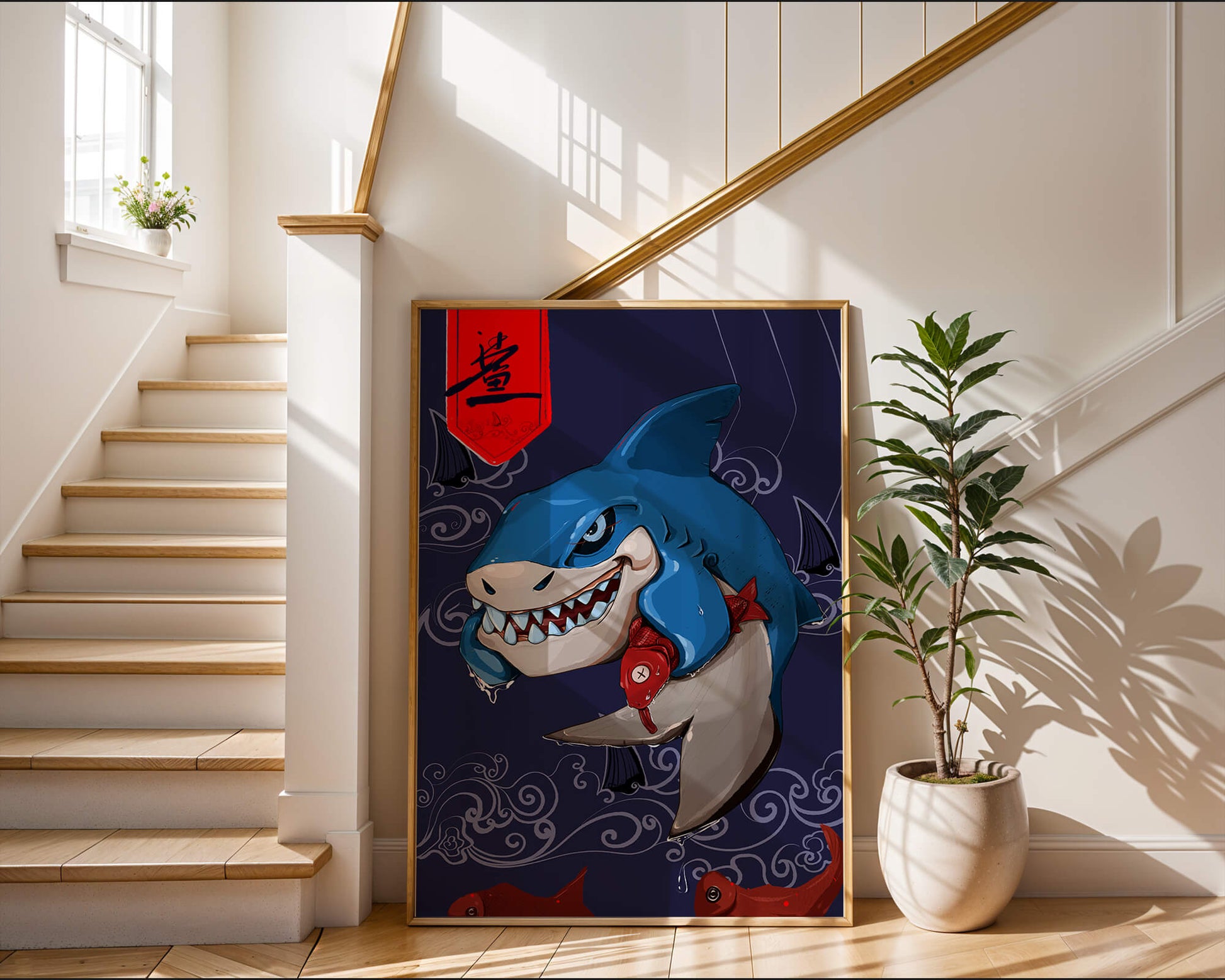 Playful illustration of a cartoon shark with nautical elements