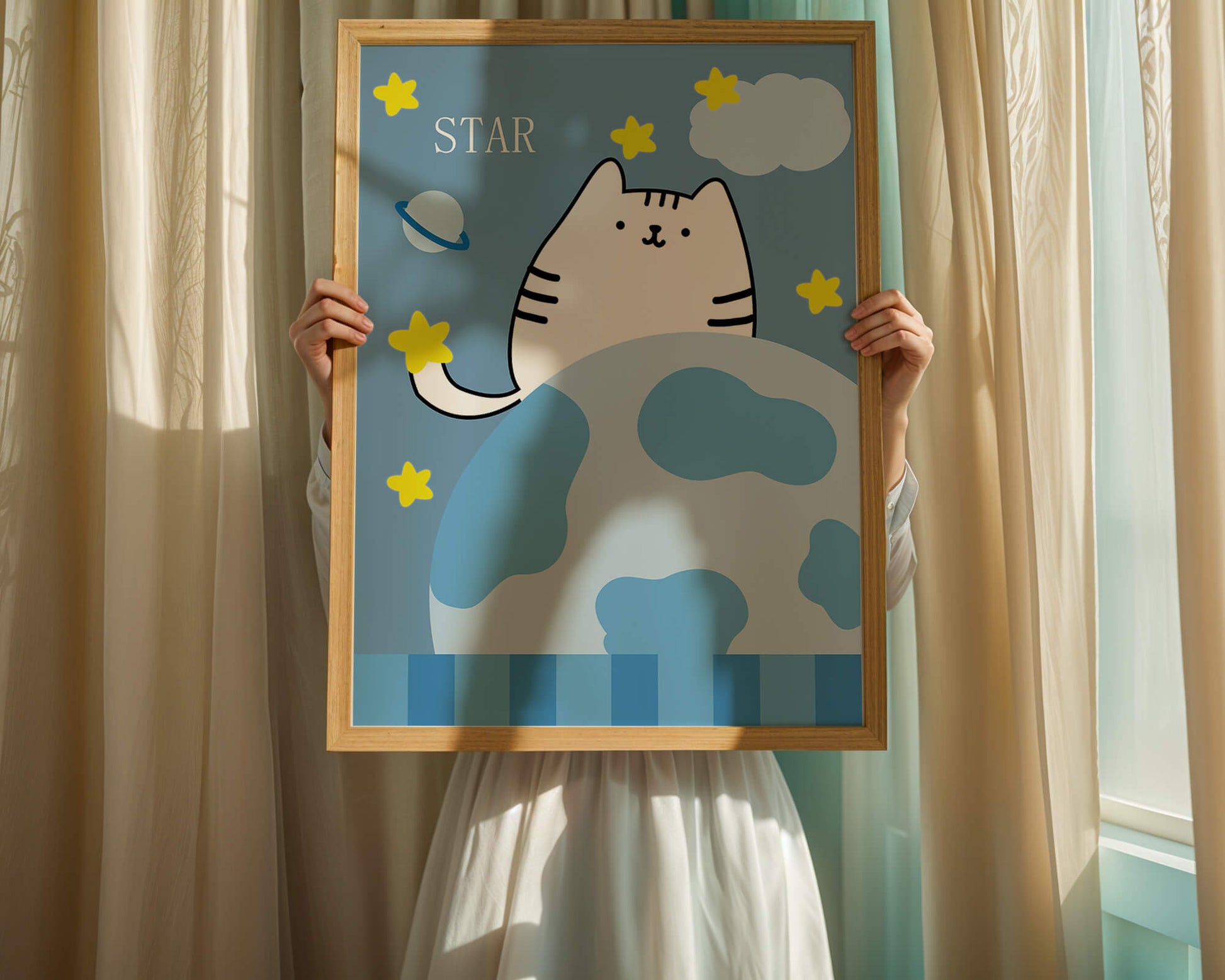Illustration of a cute cat in space with stars and planets