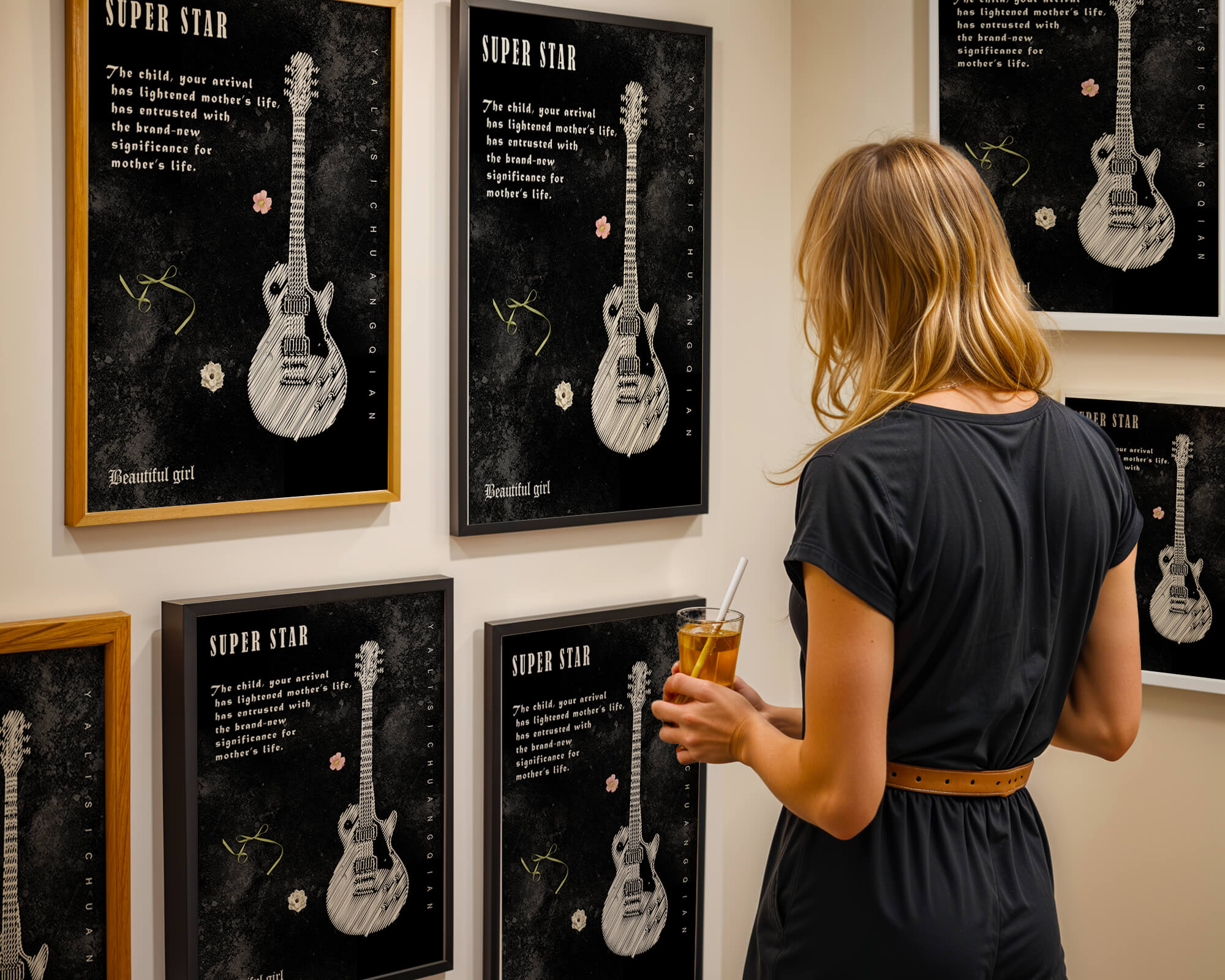 Artistic black and white guitar illustration with heartfelt text
