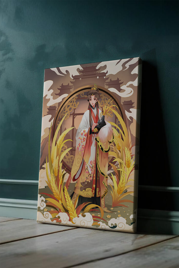 Elegant woman in traditional attire amidst golden wheat field and oriental architecture