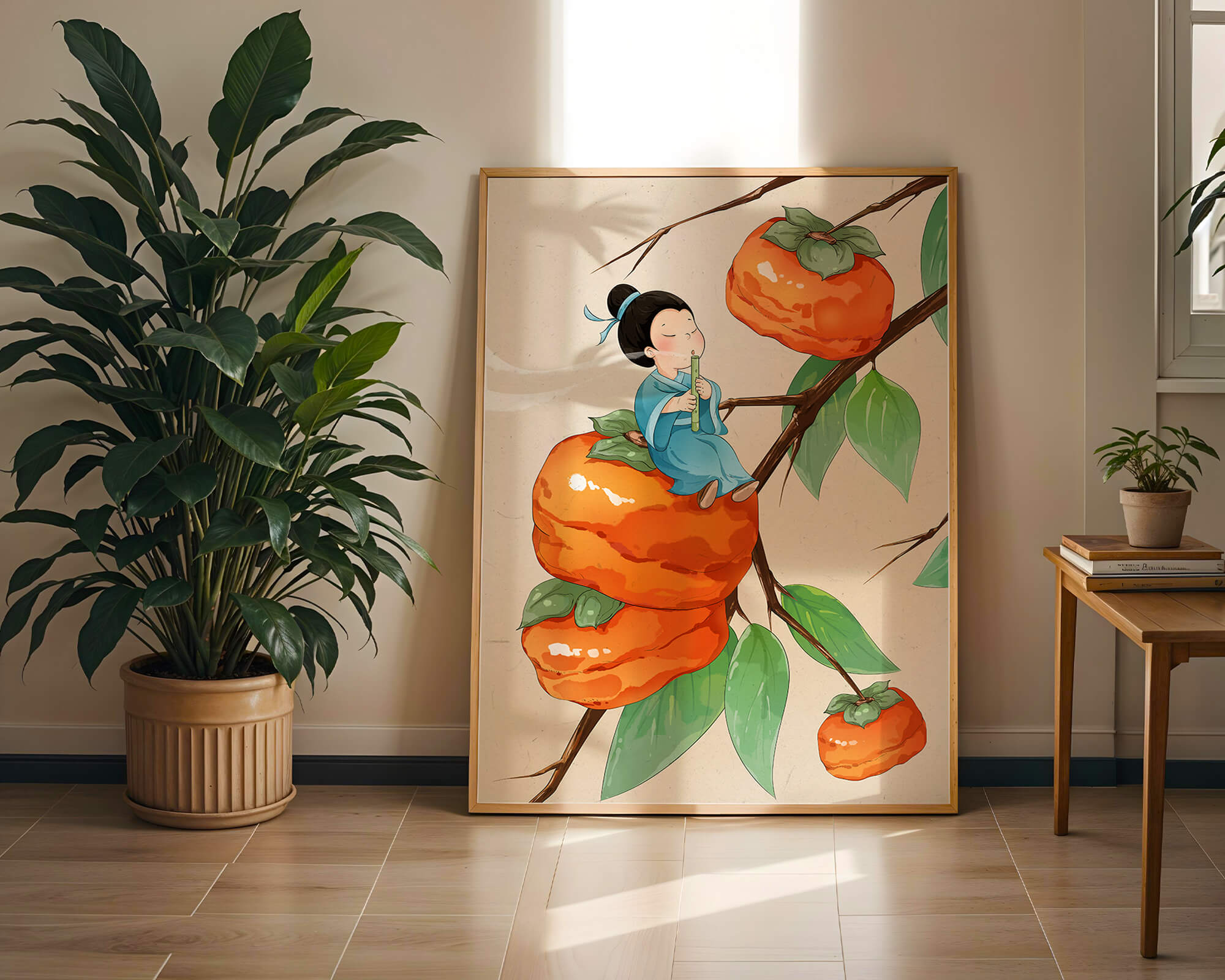Child playing flute on persimmon-filled tree in whimsical illustration
