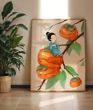 Child playing flute on persimmon-filled tree in whimsical illustration