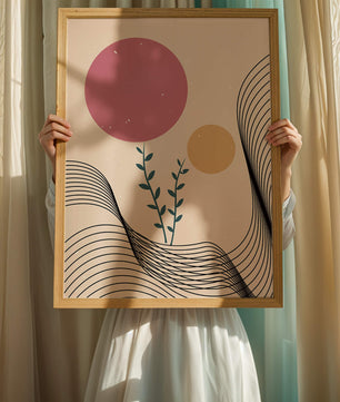 Composition florale abstraite avec des cercles roses et orange sur fond minimaliste