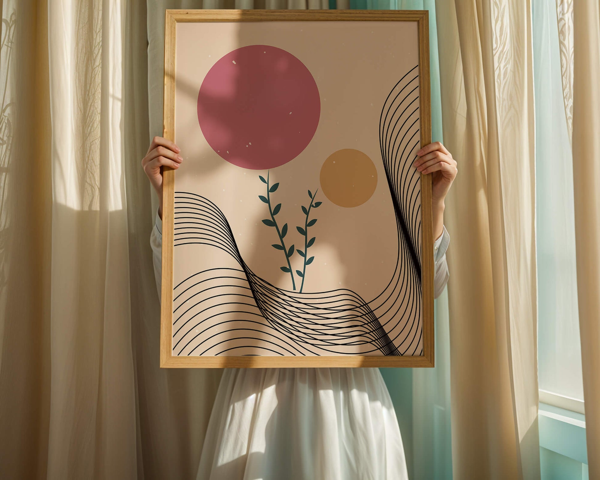Composition florale abstraite avec des cercles roses et orange sur fond minimaliste