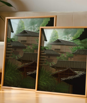 Traditional Japanese Architectural Scene with Lush Greenery
