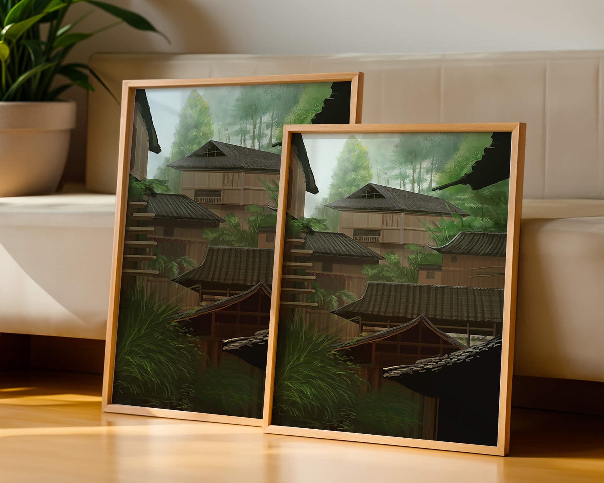 Traditional Japanese Architectural Scene with Lush Greenery