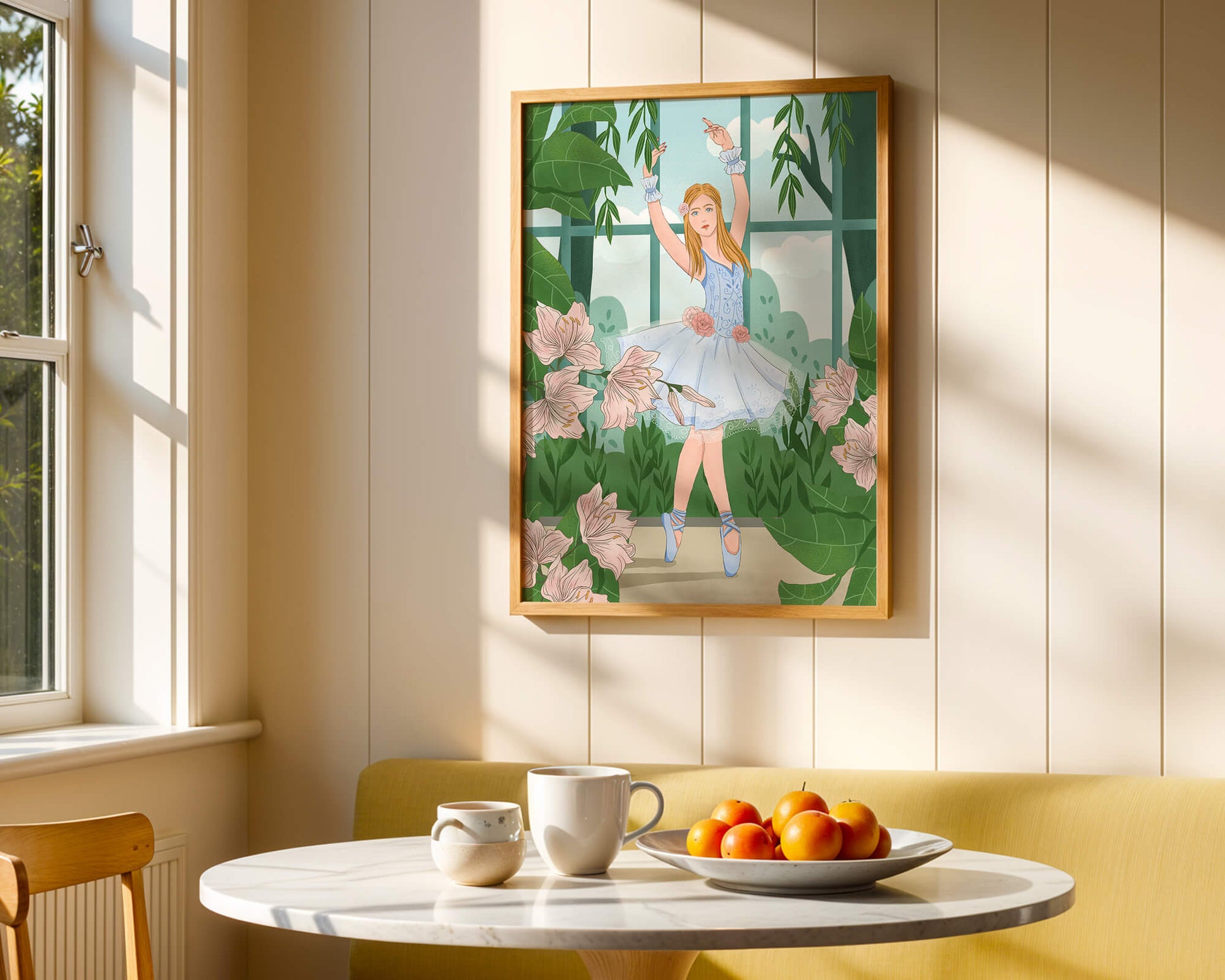 Elegant ballet dancer in a floral and botanical setting