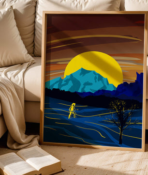 Paisaje surrealista con una puesta de sol vibrante y silueta