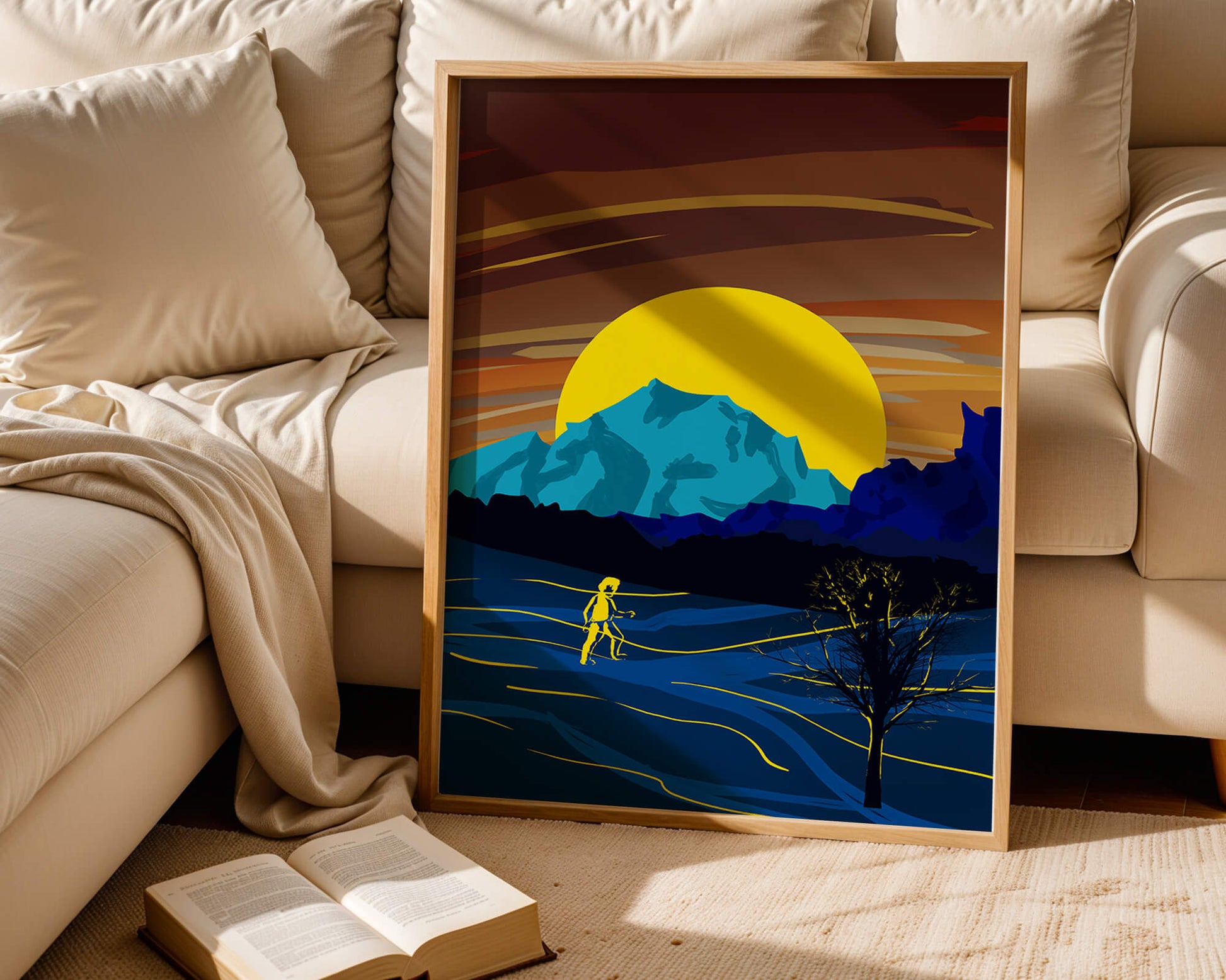 Surreal landscape with a vibrant sunset and silhouette