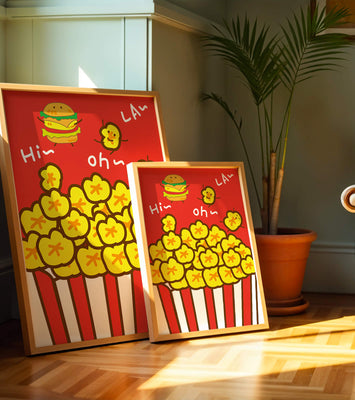 Playful illustration of popcorn and burger characters on a red background