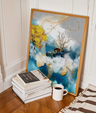 Surreal Nature Scene with Elephants and Golden Leaves