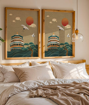 Traditional Asian art with cranes and temple at sunset