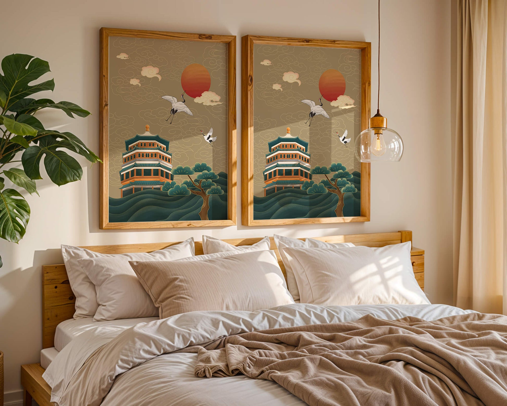 Traditional Asian art with cranes and temple at sunset
