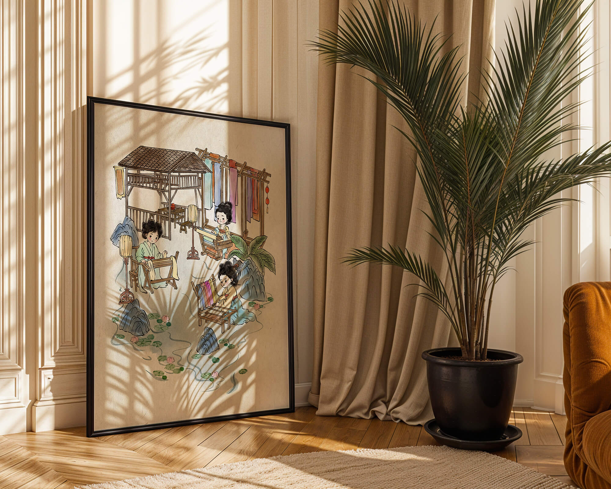 Charming illustration of traditional textile crafts in a serene setting