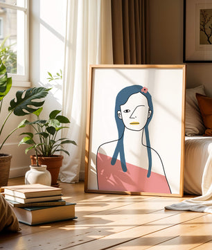 Abstract Portrait with Blue Hair and Floral Accent - Mi tienda