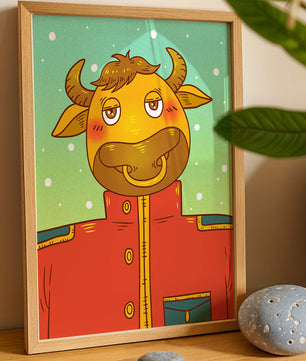 Cartoon cow character in a red coat against a snowy background