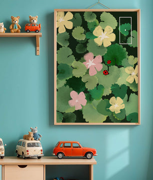 Colorful floral illustration with ladybugs in a lush garden setting
