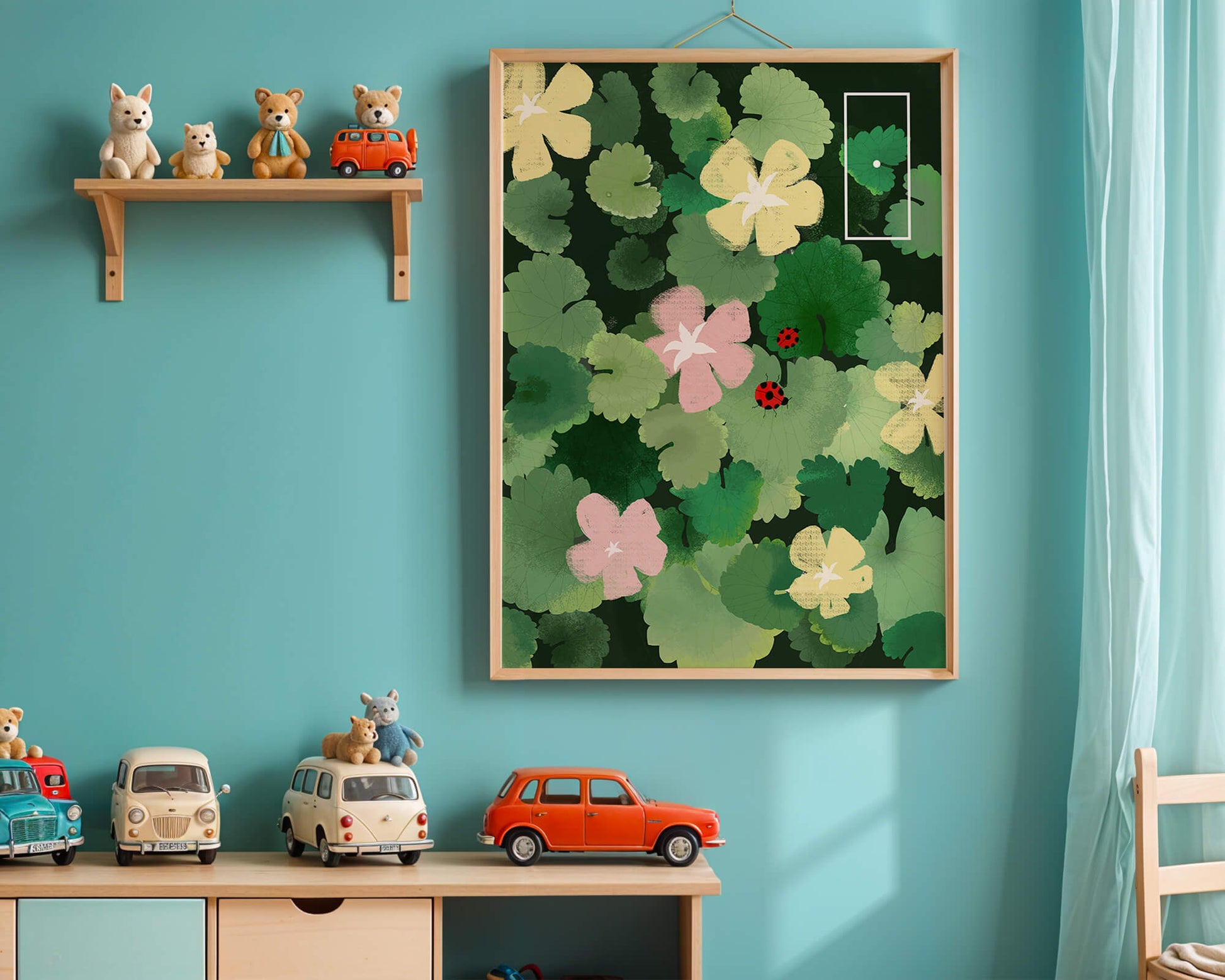 Colorful floral illustration with ladybugs in a lush garden setting