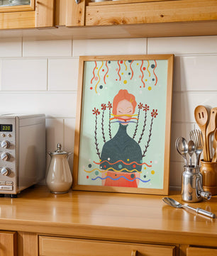 Whimsical Abstract Art of a Woman with Flowers and Streamers - Mi tienda