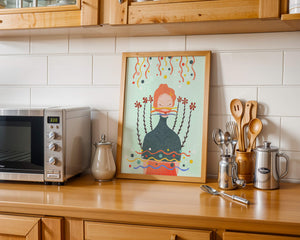 Whimsical Abstract Art of a Woman with Flowers and Streamers - Mi tienda