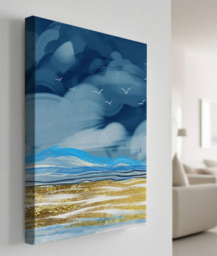 Dynamic Ocean Waves Under Cloudy Sky With Seagulls And Gold-Tinted Sand