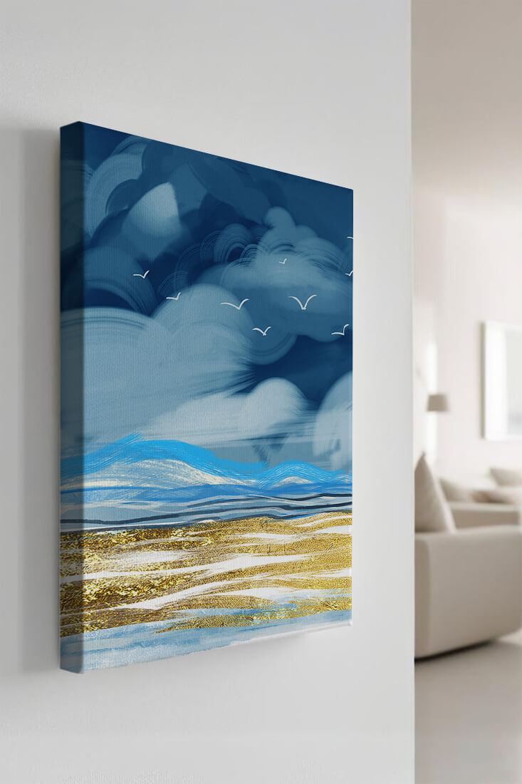 Dynamic Ocean Waves Under Cloudy Sky With Seagulls And Gold-Tinted Sand