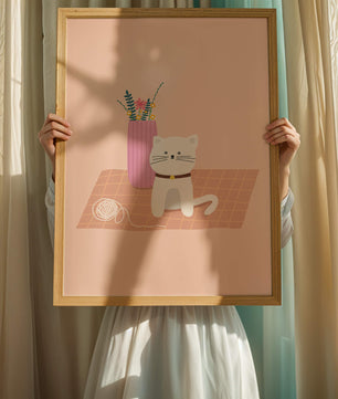 Illustration of a cute white cat with a pink vase and yarn ball on a pastel background