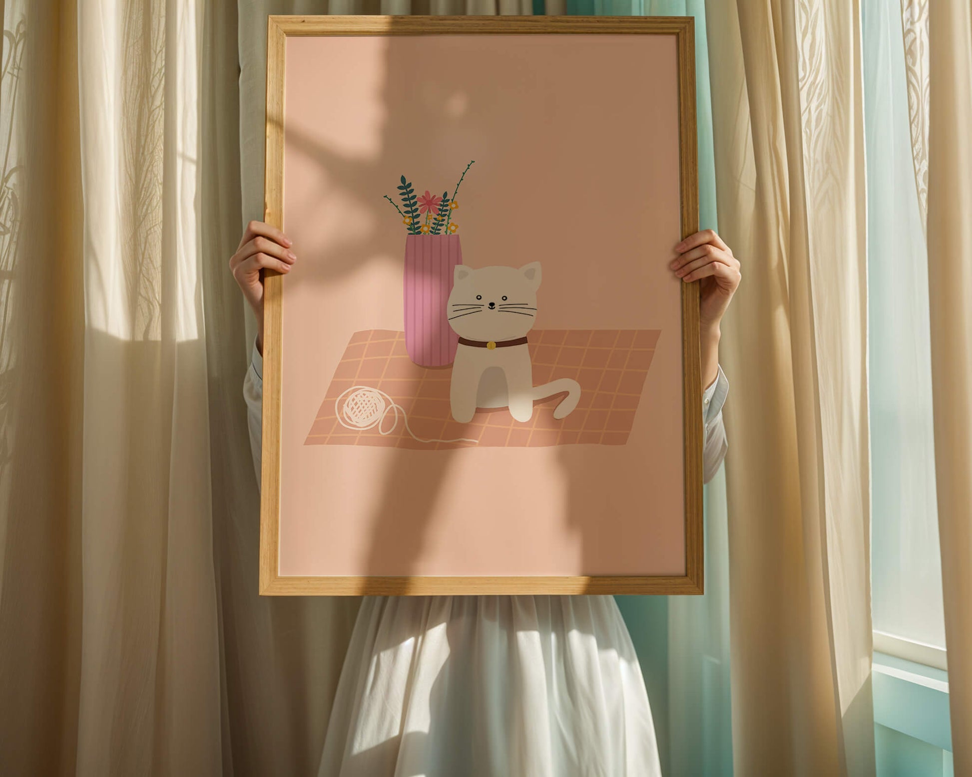 Illustration of a cute white cat with a pink vase and yarn ball on a pastel background