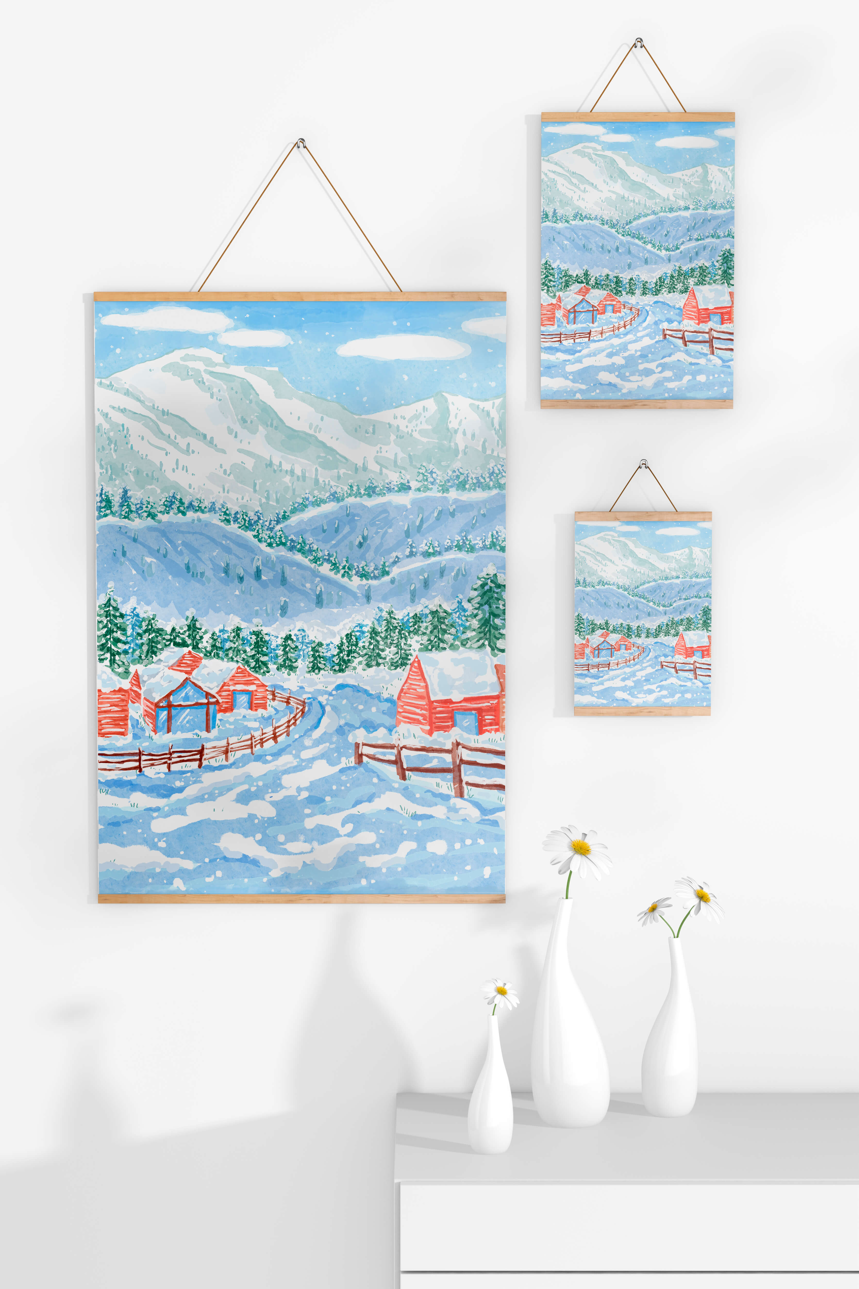 Charming snowy landscape with mountain view and cozy cabins