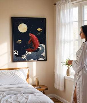 Ilustración artística de peces koi saltando sobre las olas bajo la luz de la luna