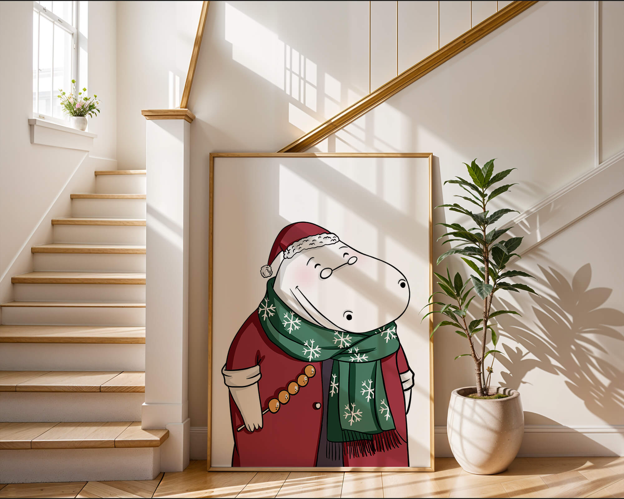 Festive hippo in a red outfit with a green snowflake scarf