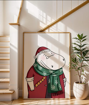 Festive hippo in a red outfit with a green snowflake scarf