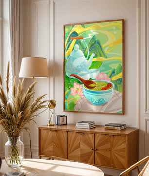 Tea ceremony with teapot and tea bowls amidst nature scenery
