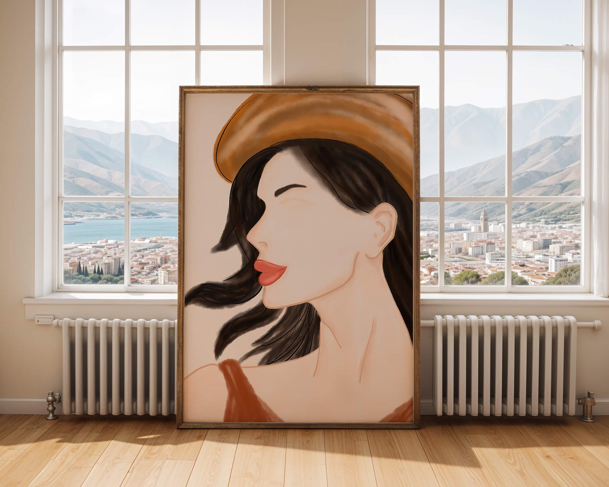 Stylized portrait of a woman in a hat with flowing hair