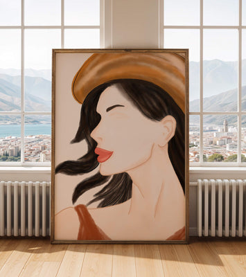 Stylized portrait of a woman in a hat with flowing hair