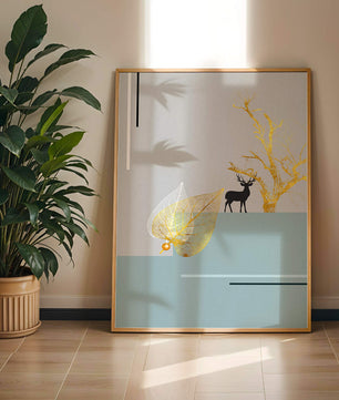 Abstract Deer with Golden Elements and Leaves on Minimalist Background