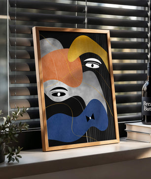 Abstract geometric art with bold colors and gold accents