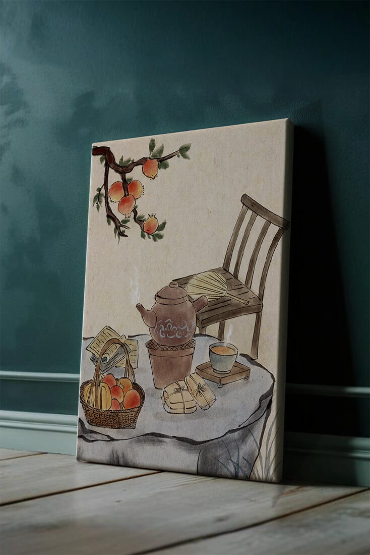 Watercolor painting of tea time setting with fruits and wooden chair