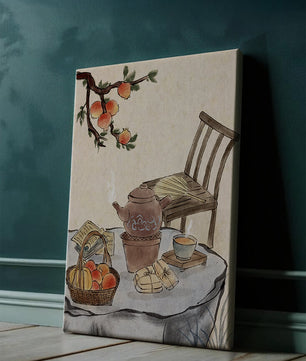 Peinture à l’aquarelle d’un moment de dégustation de thé avec des fruits et une chaise en bois