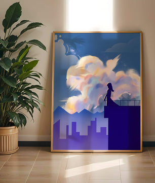 Silhouette of a woman on rooftop against a dreamy sky with colorful clouds