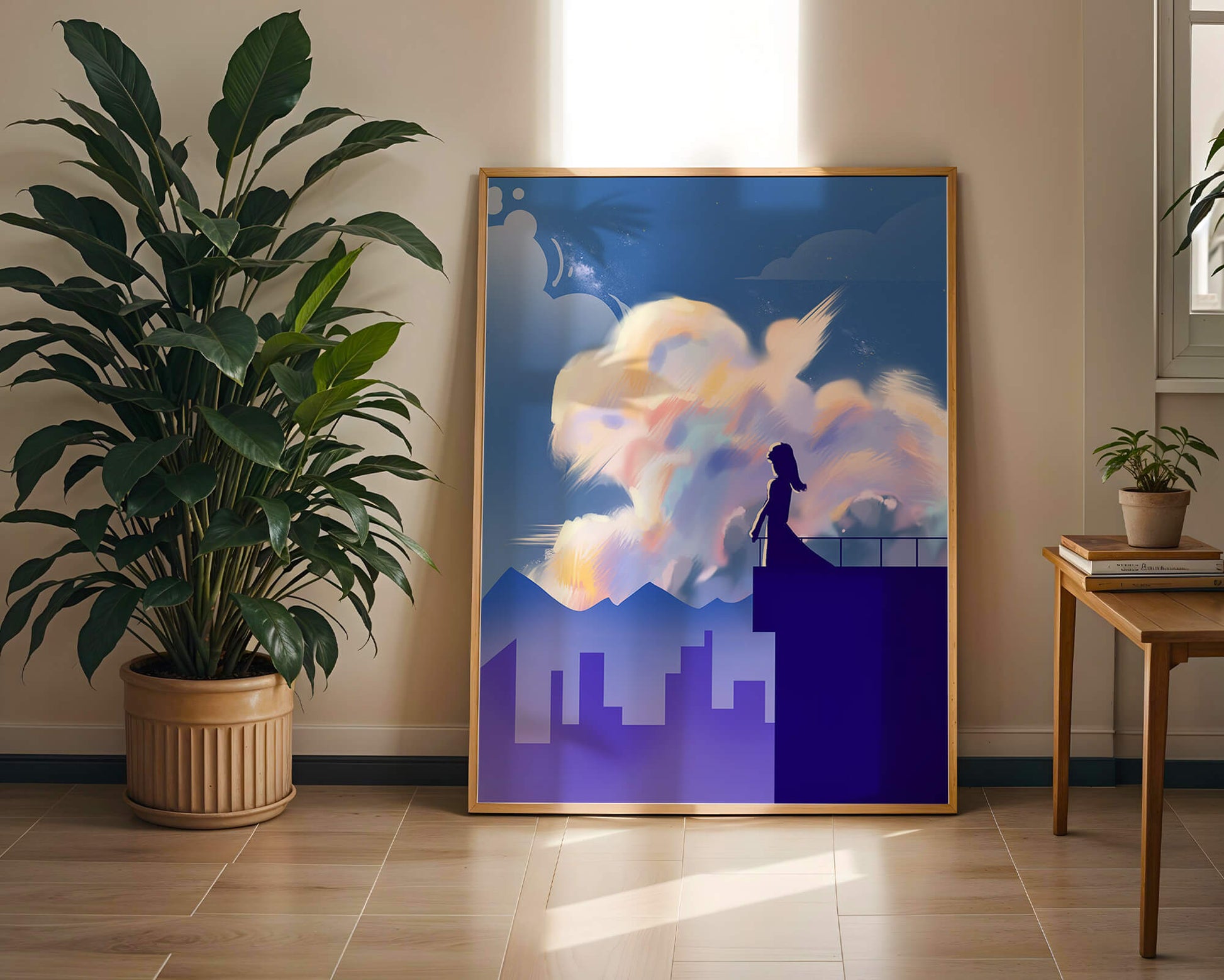 Silhouette of a woman on rooftop against a dreamy sky with colorful clouds