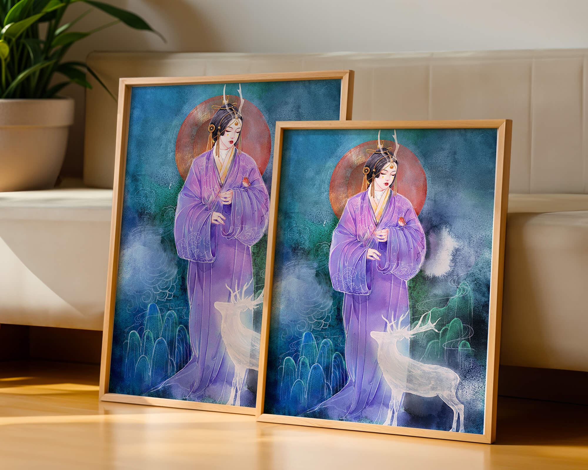 Elegant woman in traditional attire with a mystical deer set against a serene backdrop