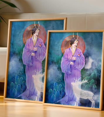 Elegant woman in traditional attire with a mystical deer set against a serene backdrop