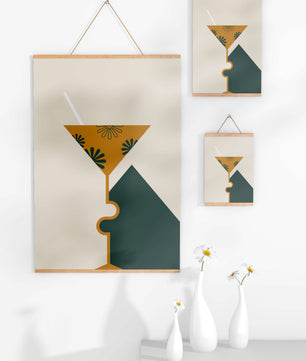 Cocktail Glass with Decorative Floral Design in Minimalist Art Style